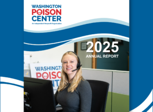 Cover of annual report featuring a blonde woman smiling at camera typing at computer with a headset on