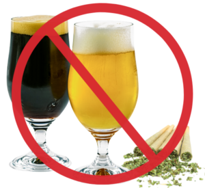 two glasses of beer next to a few cannabis joints with the "no" symbol over it