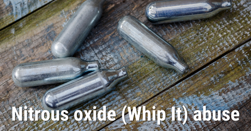 A photo of "Whip It" nitrous oxide cartriges with the title "Nitrous Oxide (Whip It) Abuse"